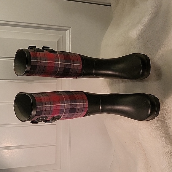 UGG Australia SABENE Black Tall Rain Boots Plaid Upper - Picture 2 of 10